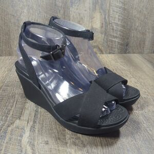 Crocs Leigh II Womens Size 8 Cross Ankle Strap Black Wedge Sandals Comfort Shoes